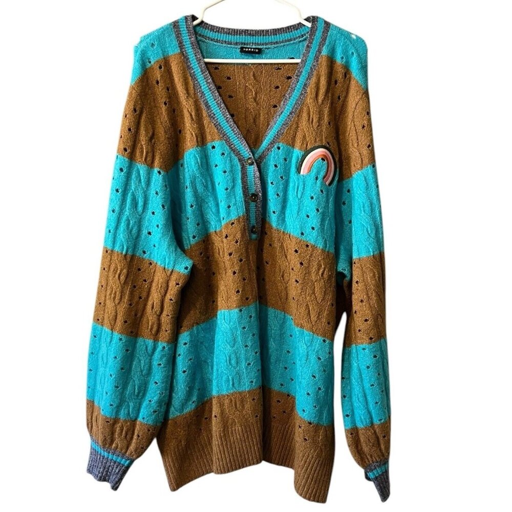 Torrid Plus Vegan Cashmere Teal Pointelle Pullover Henley Rainbow Patch Measured